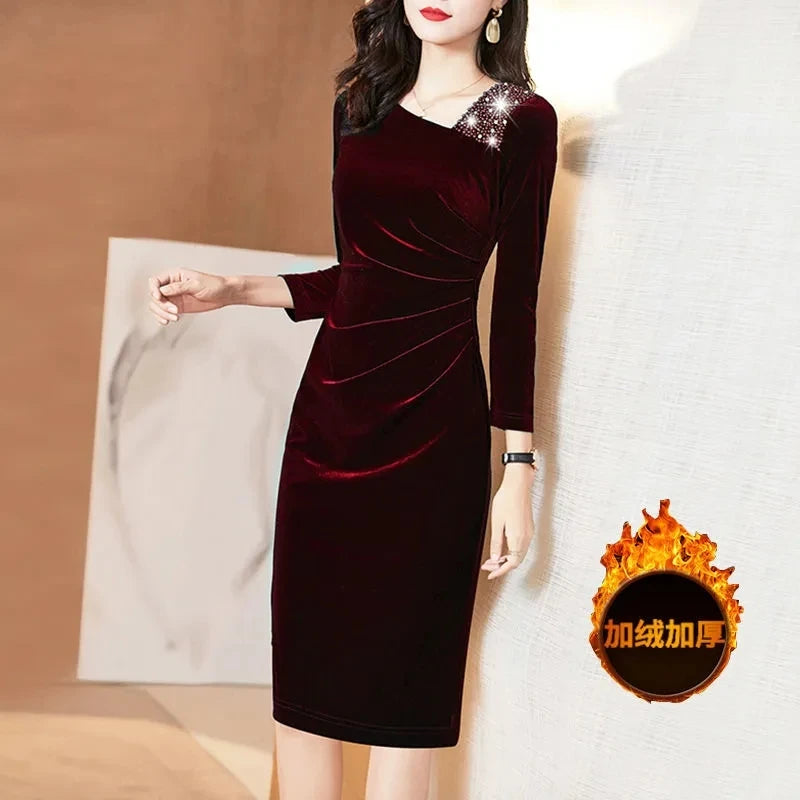 Golden Velvet Dress For Women Spring And Autumn New Fashionable Long Sleeve Dress Velvet Thickened Hip Wrap Dress Nail Bead