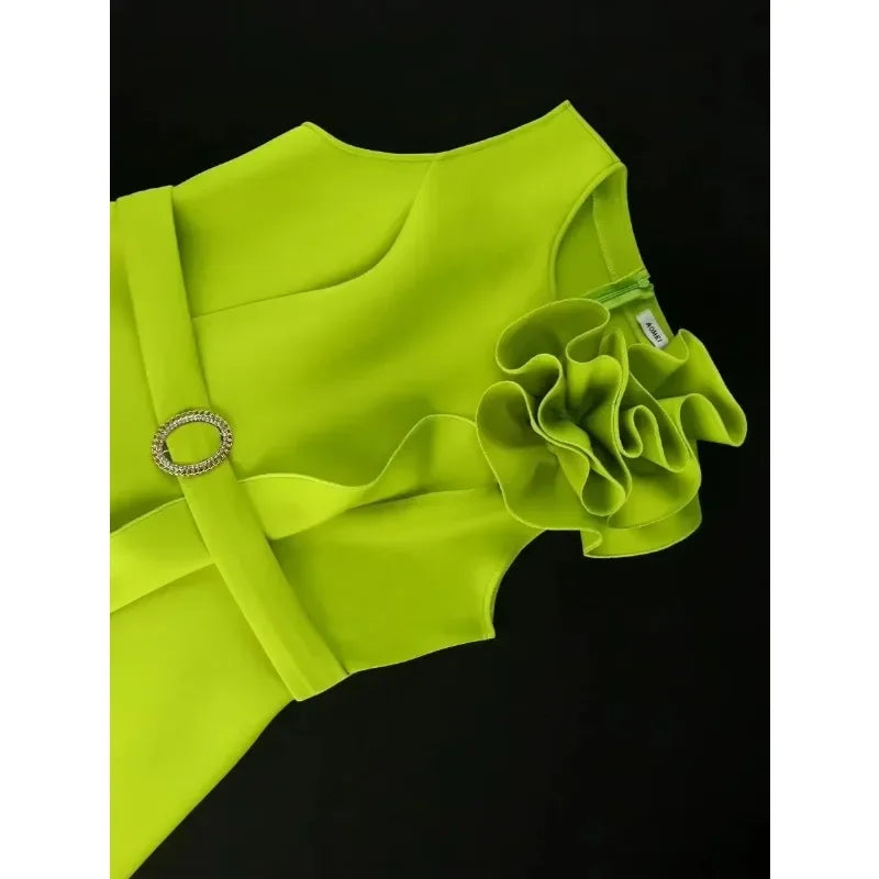 2025 New Women Sweet and Cute Green Party Evening Dress 3D Flower Sleeveless Knee Length Elegant Cocktail Celebration Robe