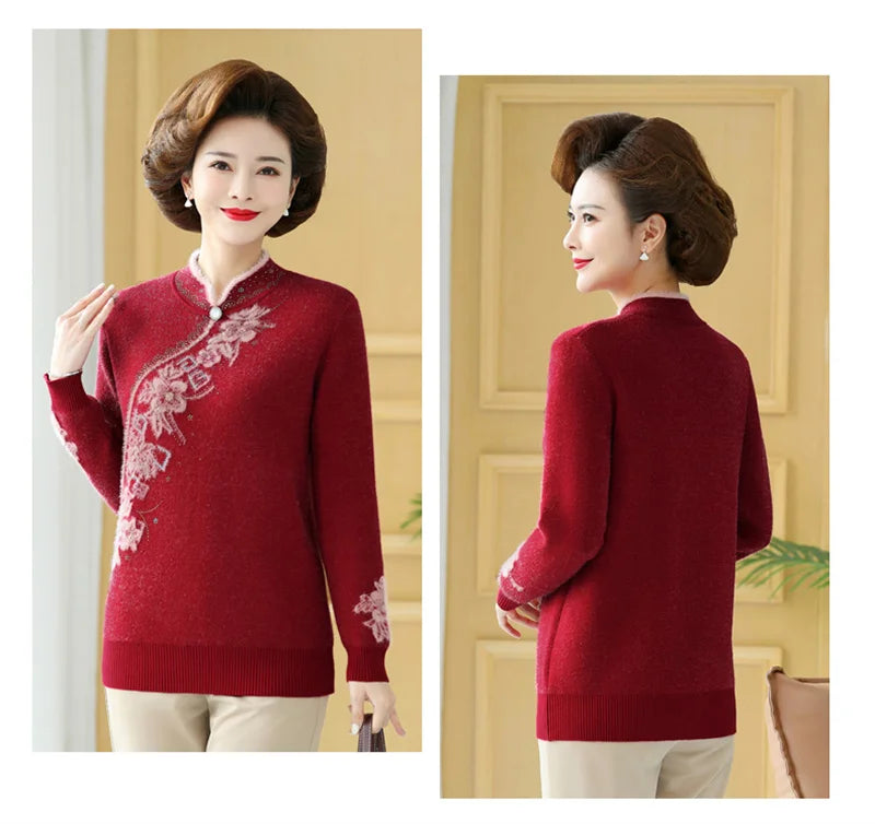 2025 Autumn New Mom's Velvet And Warm Knitted Embroidered Bottom Shirts Imitation Mink Fleece Winter Inner Plsh Thick Pullover