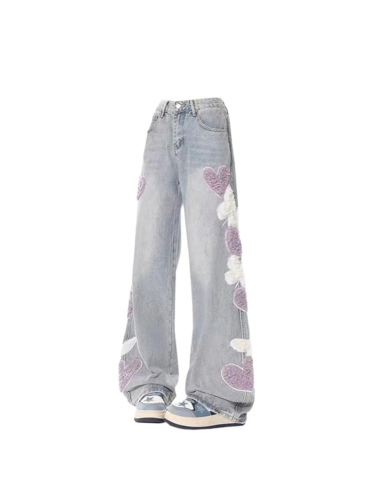Women Jeans with Heart Vintage Y2k 90s Aesthetic Baggy Denim Trouser 2000s Harajuku Kawaii Wide Cowboy Pants Trashy Clothes 2023