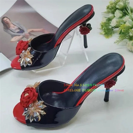Jeweled Crystal Flower strange Heel Mules Women Leather Peep Toe Rose Decoration Slingback High Heel Slippers For Girl