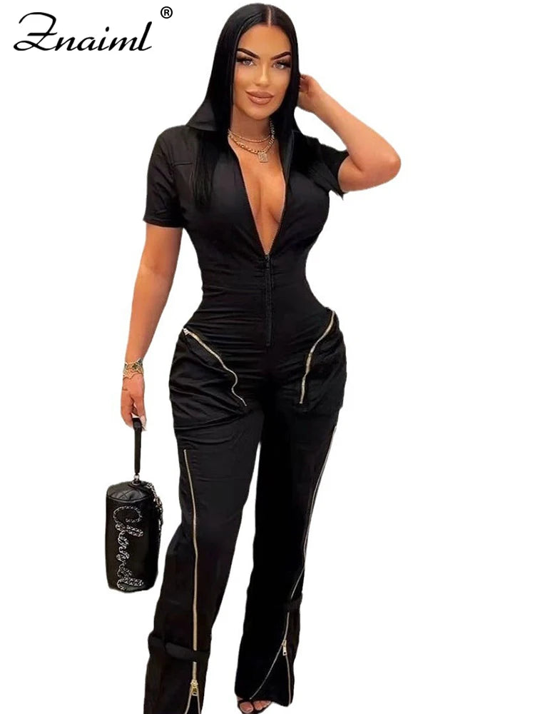Znaiml Safari Style Short Sleeve Zipper Pocket Jumpsuit Women Fashion Cargo Pants One Piece Overalls Streetwear Playsuit Rompers