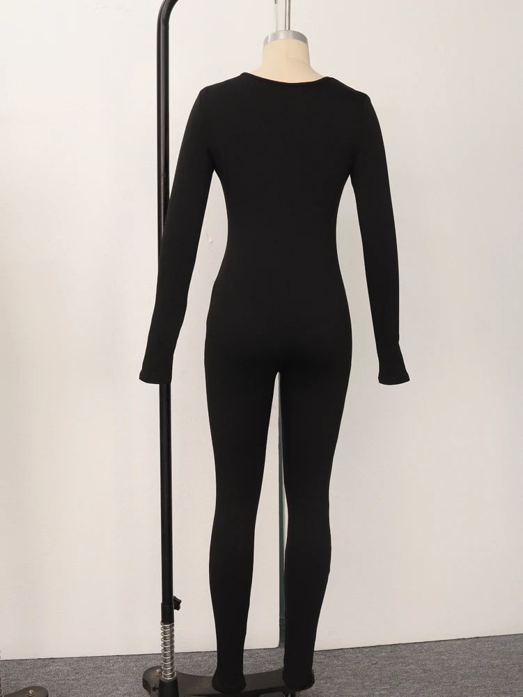 Spring Summer New Women's Long Sleeve Solid Color Skinny Jumpsuit Fashion Sports Fitness Pullover Casual Wear