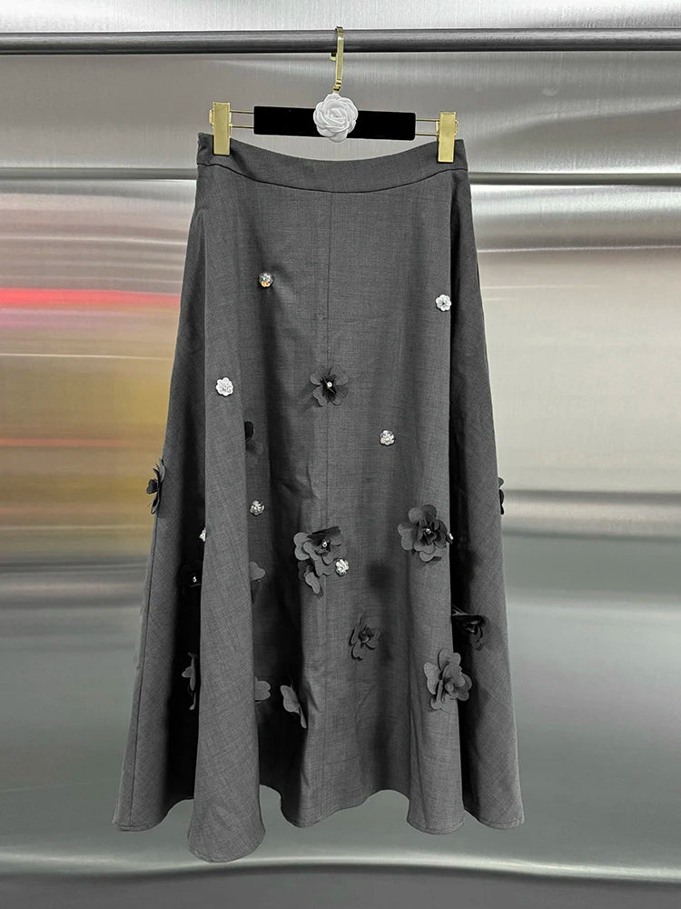 VGH Spliced Appliques Two Piece Sets For Women Round Neck Long Sleeve Coats High Waist A Line Skirts Elegant Slim Set Female New