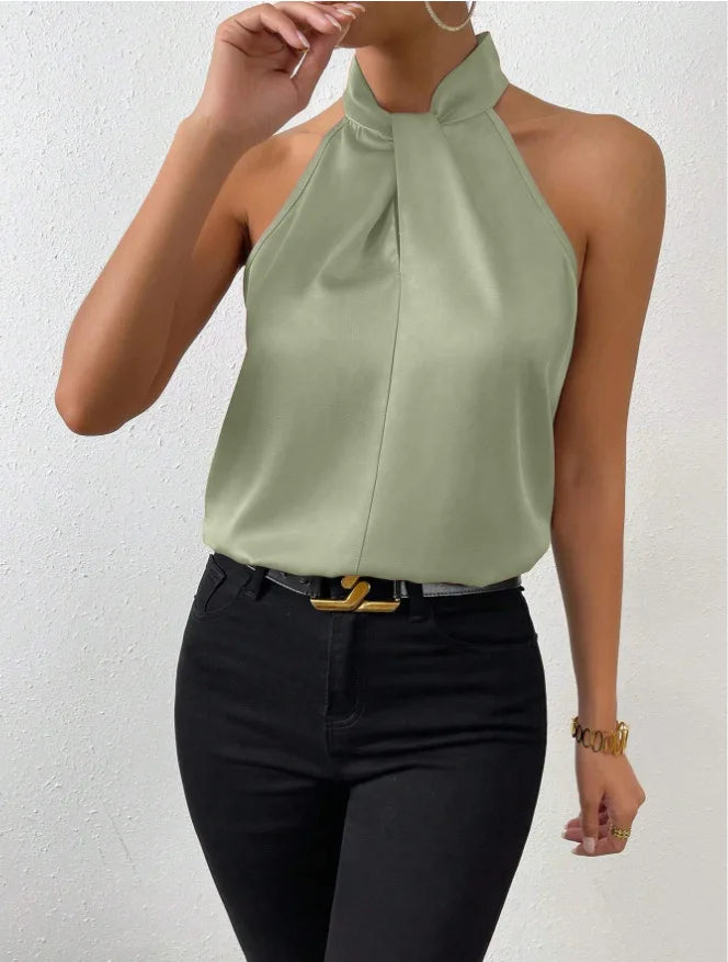 Women's Tops 2025 Summer New European and American Clothes Satin Halter Sleeveless Vest Sexy Commuting Satin Simulated Silk Top
