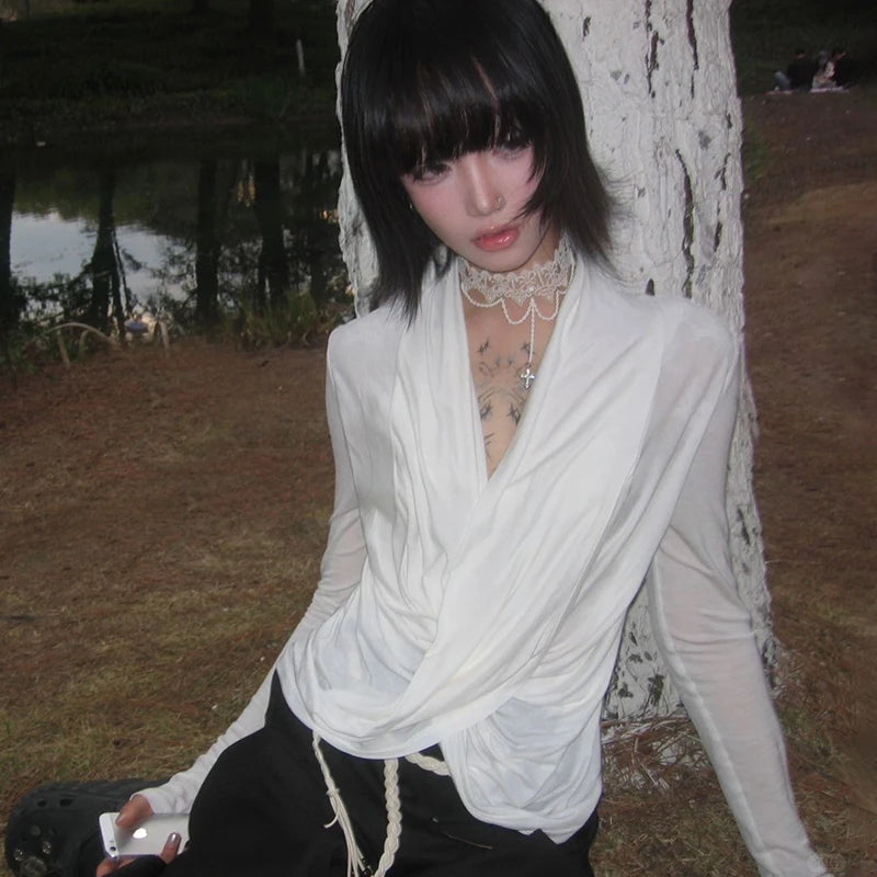 Karrram Japanese Y2k Cross Tops Trashy 2000s Style V-neck Long Sleeve T-shirt Vintage Harajuku White Irregular Tops American 90s