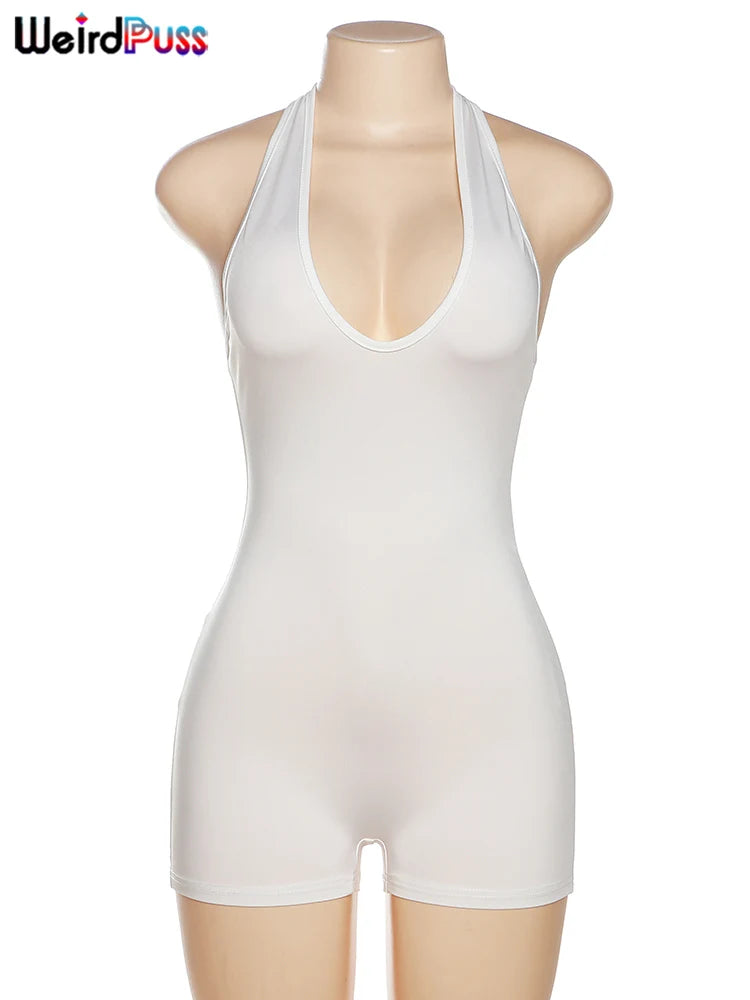 Weird Puss Halter Playsuits Women Fitness Sporty Backless Skinny Sleeveless V-Neck Casual Summer Solid Basic Streetwear Romper