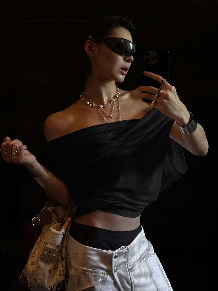 Weird Puss One Shoulder Crop Tops Women Folds Skinny Loose Summer Korean Style Simple Classic Casual Street Daily Harajuku Tops
