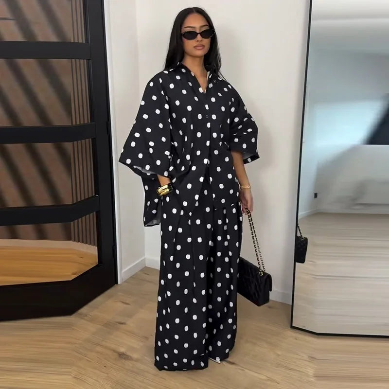 Elegant Polka Dot Shirt And Wide Leg Pants Set for Women