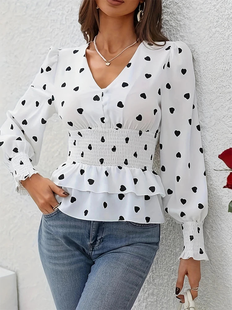 Elegant V-Neck Women's Shirt Spring Summer Fashion Waist-Cinched Long Sleeve Heart Patterned Classy Top