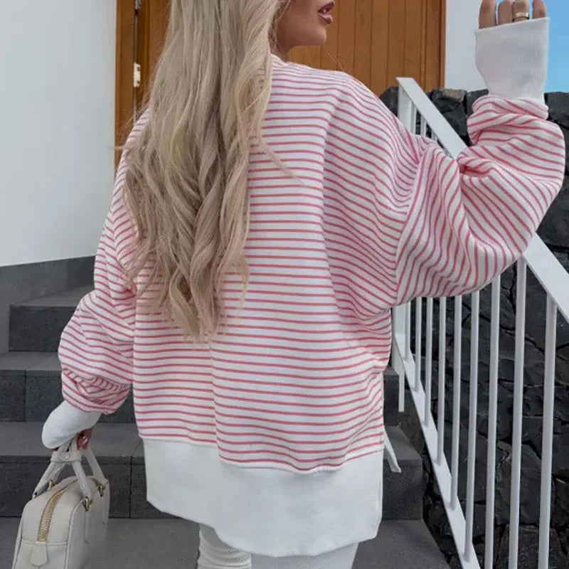 Casual High Street Long Sleeved Loose Hoodie Women's Fashion Patchwork Sweatshirt Top New 2025 O Neck Striped Printed Pullover