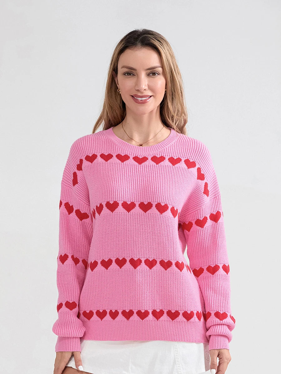 Women Valentine's Day Knit Sweater Heart Print Long Sleeve Round Neck Pullovers Fall Winter Casual Loose Knitted Jumpers Tops