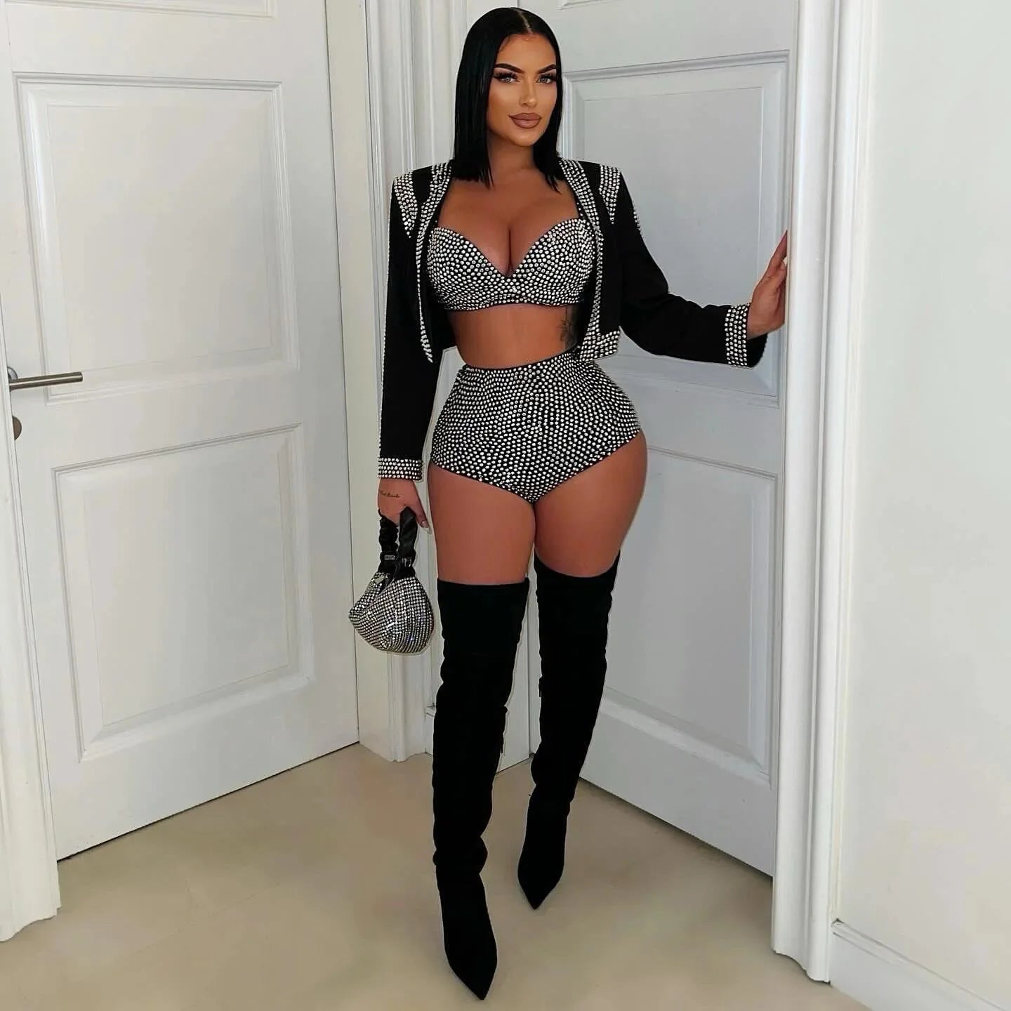 CM.YAYA Diamonds Hot Rhinestones Sexy Party Women's Set Open Stitch Blazer Top + Bra and Shorts 2025 Two 2 Piece Sets Outfits
