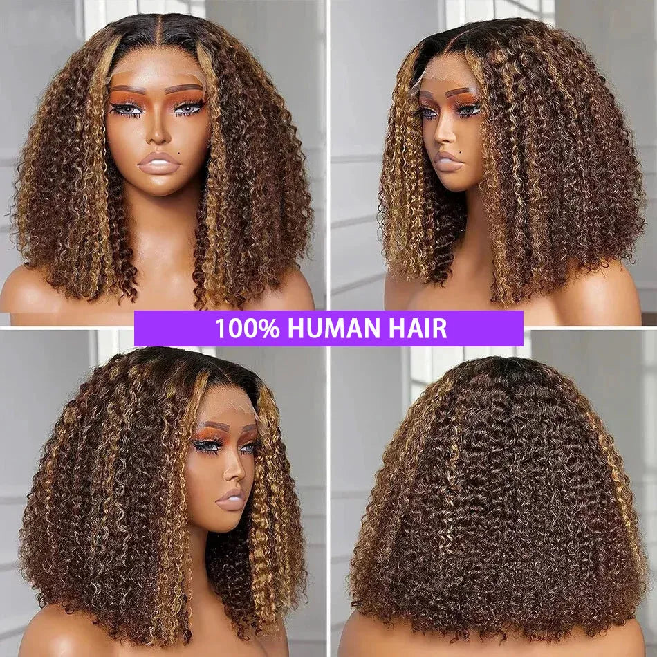 250% Density Highlight Short Curly Bob Wig Deep Wave Bob Lace Wig 13x4 Lace Front Human Hair Wigs Brazilian Virgin Human Hair