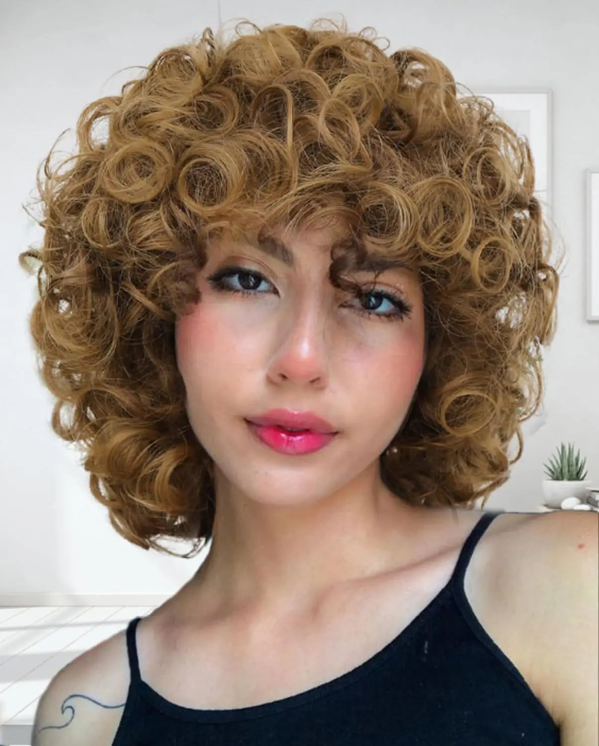 Curly Wigs for Black Women Short Kinky Curly Black Wigs for Women Big Curly Afro Soft Wig with Bangs Heat Resistant Natural Cute