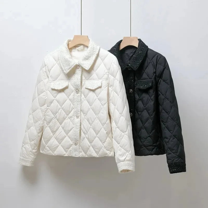 Lightweight Down Cotton Jacket Women's Short Jacket 2023 Winter New White French Style Fashion Women Jackets Patchwork Tweed Coa