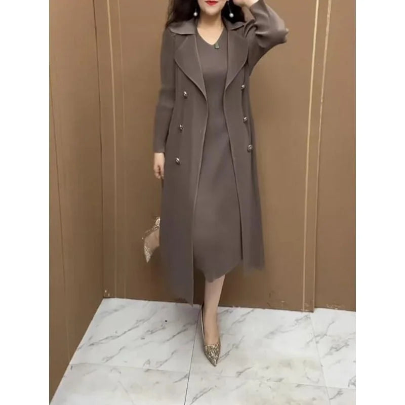 Spring Autumn Fashion Slim Pleated Suit Collar Fake Two Piece Windbreaker Coat Comfortable Waist Shrinking Elastic Dress Belt