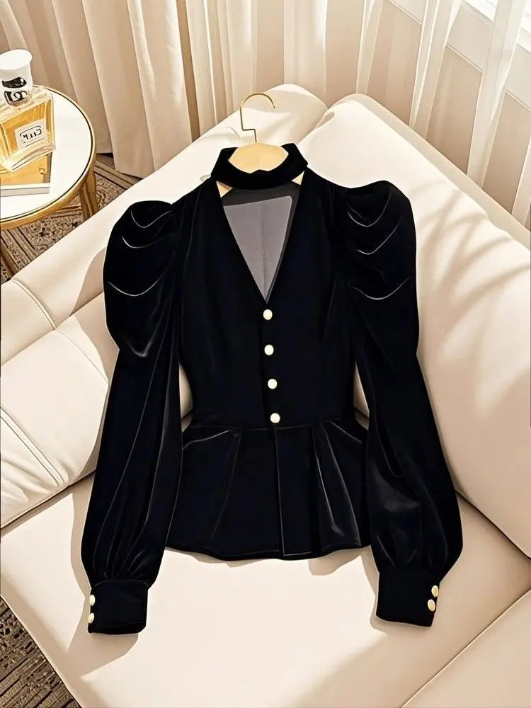 Black Velvet Long Sleeved Shirt for Women, 2025 Spring and Autumn New Top
