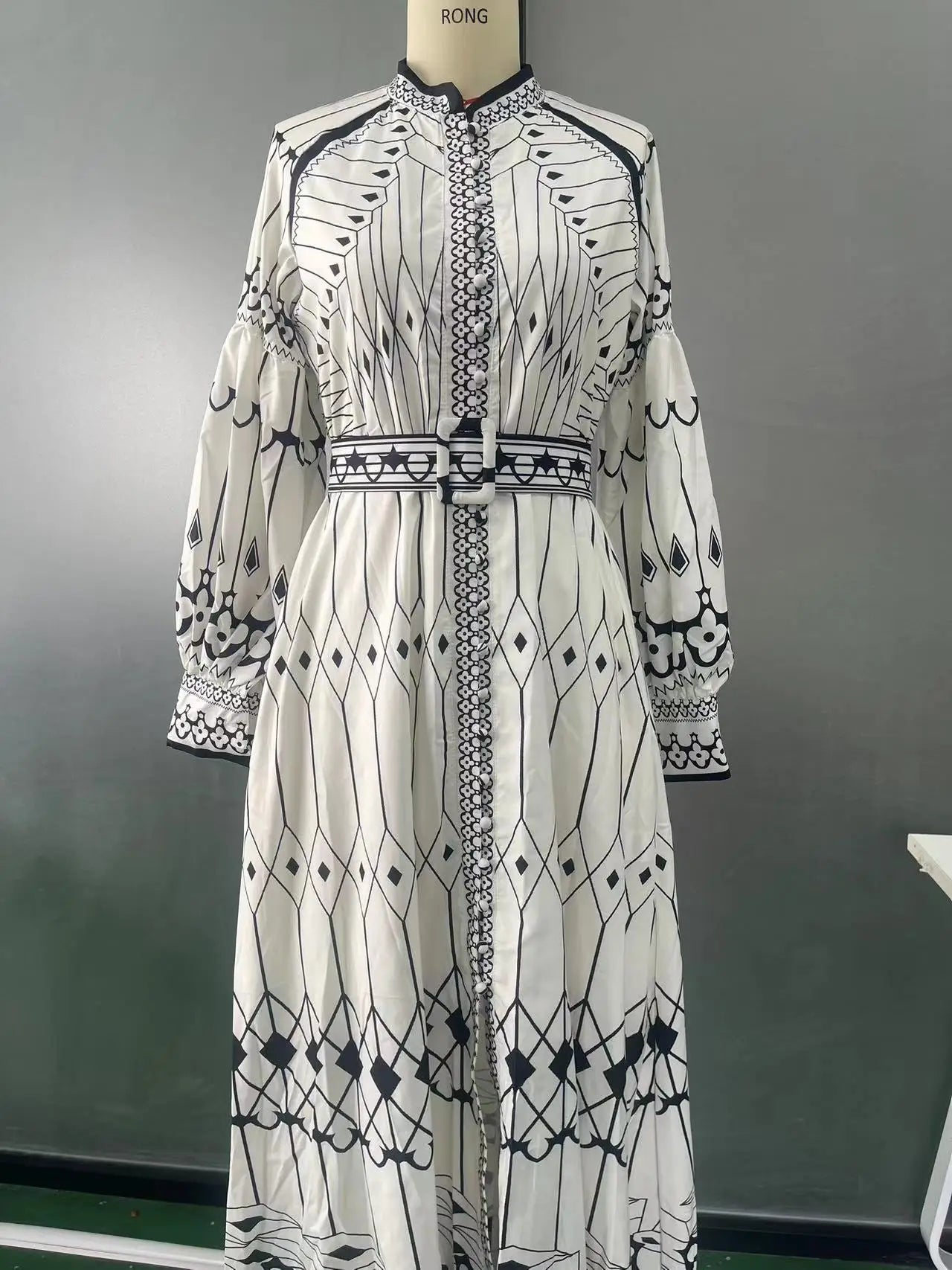 2025 Spring Women Vintage Long Dress Print Sashes Lantern Long sleeve Dresses Female Summer Elegant Fashion Office Lady Clothes