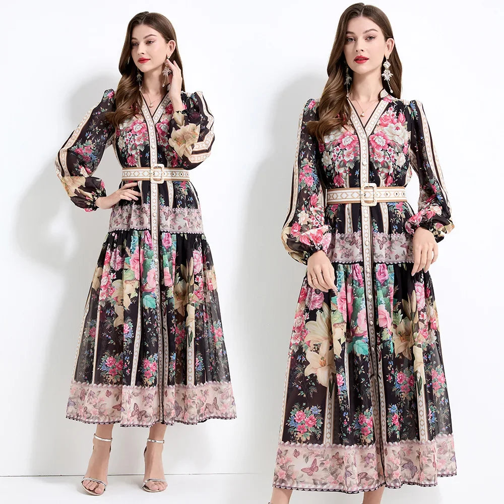 Elegant French Vintage Dress Women's High Waist Belted Print Court Style Long Dress Classy Sensation Skirt Fashionable Gown