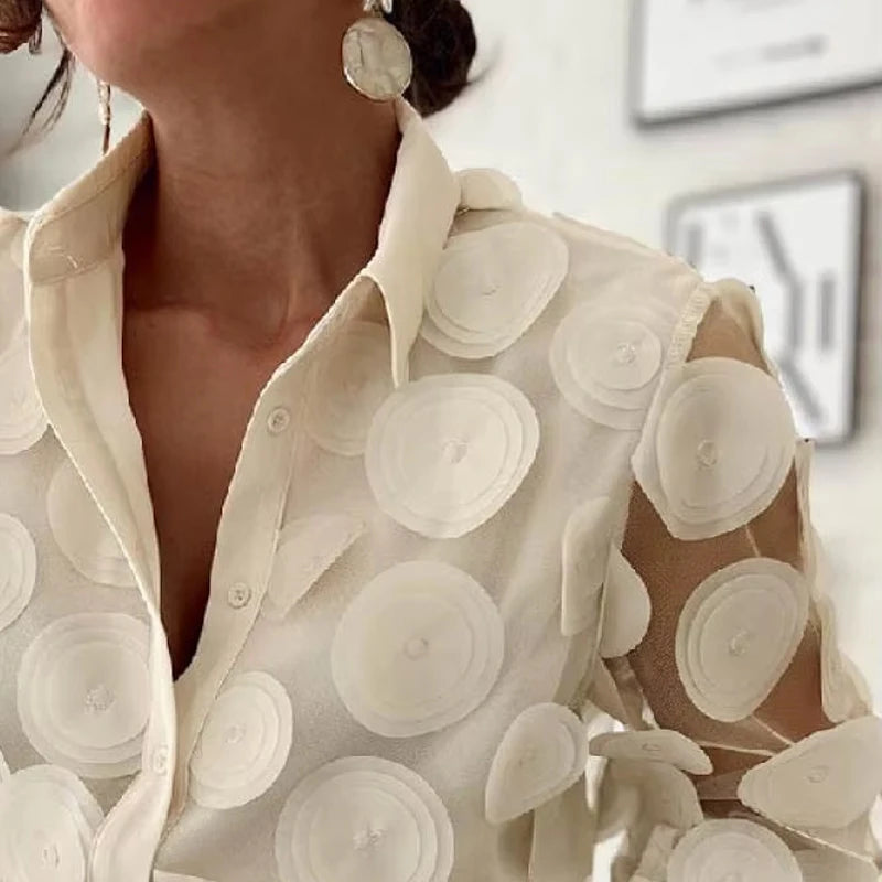2024 New T-shirt for Women Hollowed Long Sleeves Appliqued Lapel Shirt Urban Female Stylish Loose Fit Buttoned Blouses