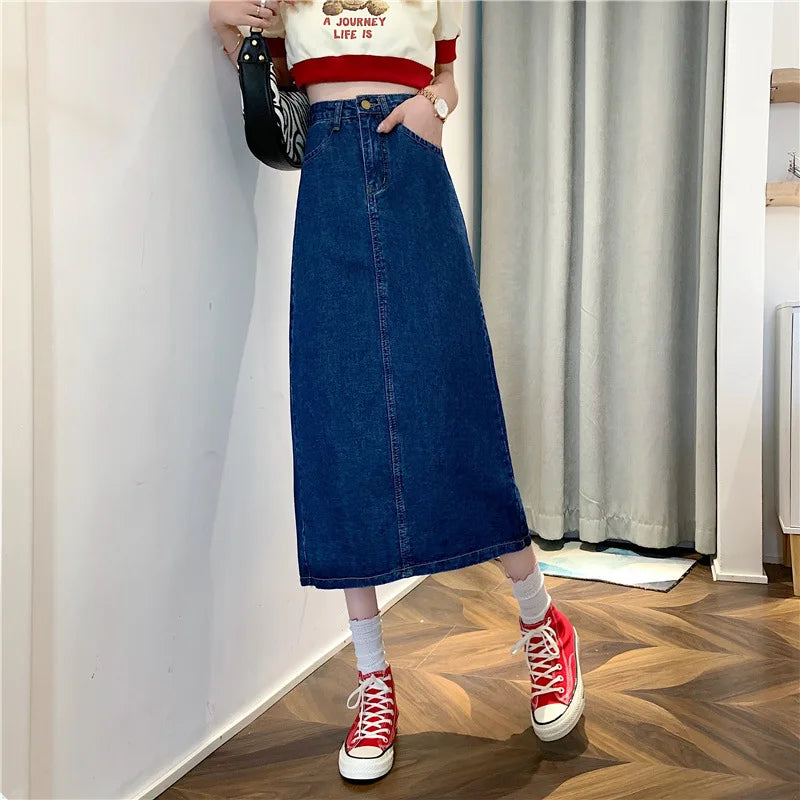 New 2022 Spring-Autumn Medium-Length Denim Skirt For Women High-Waisted Slimming Plus Size Curvy Girls A- Line Hip Covering Skir
