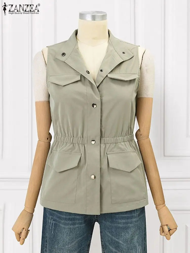 ZANZEA Women Sleeveless Waistcoat Korean Fashion Stand Collar Vest Casual Pockets Solid Tank Outwear 2024 Summer Waist Overalls