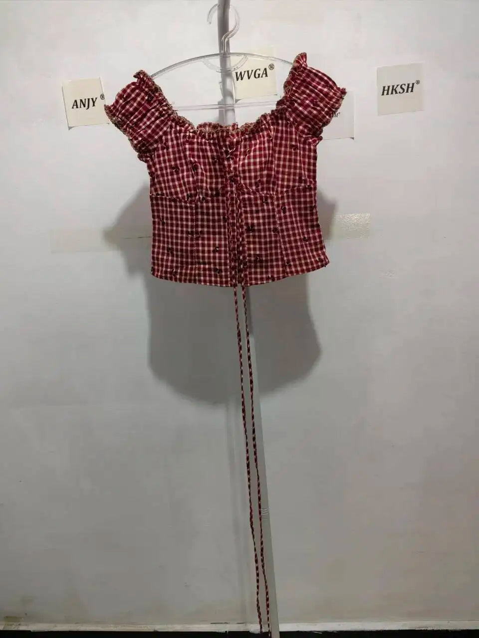 ANJY Spring Summer New Women Fashion Vintage Plaid Patchwork Denim Multi-layered Skirt Sweet Drawstring Short Sleeve Tops A24530