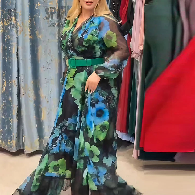 Fall Bohemian Casual Holiday Dresses Vintage Printed Long Sleeve High Waist Robe Dress Fashion V Neck Mesh Women's Party Dress