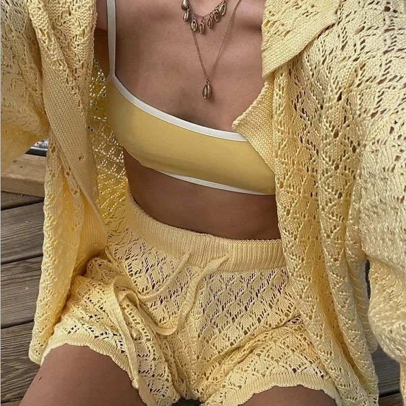 Holiday Hollow Out Knit Crochet Outfit Woman Single Breasted Lapel Shirt Top & Lace Up Short Sets Solid Spring Summer Beach Suit
