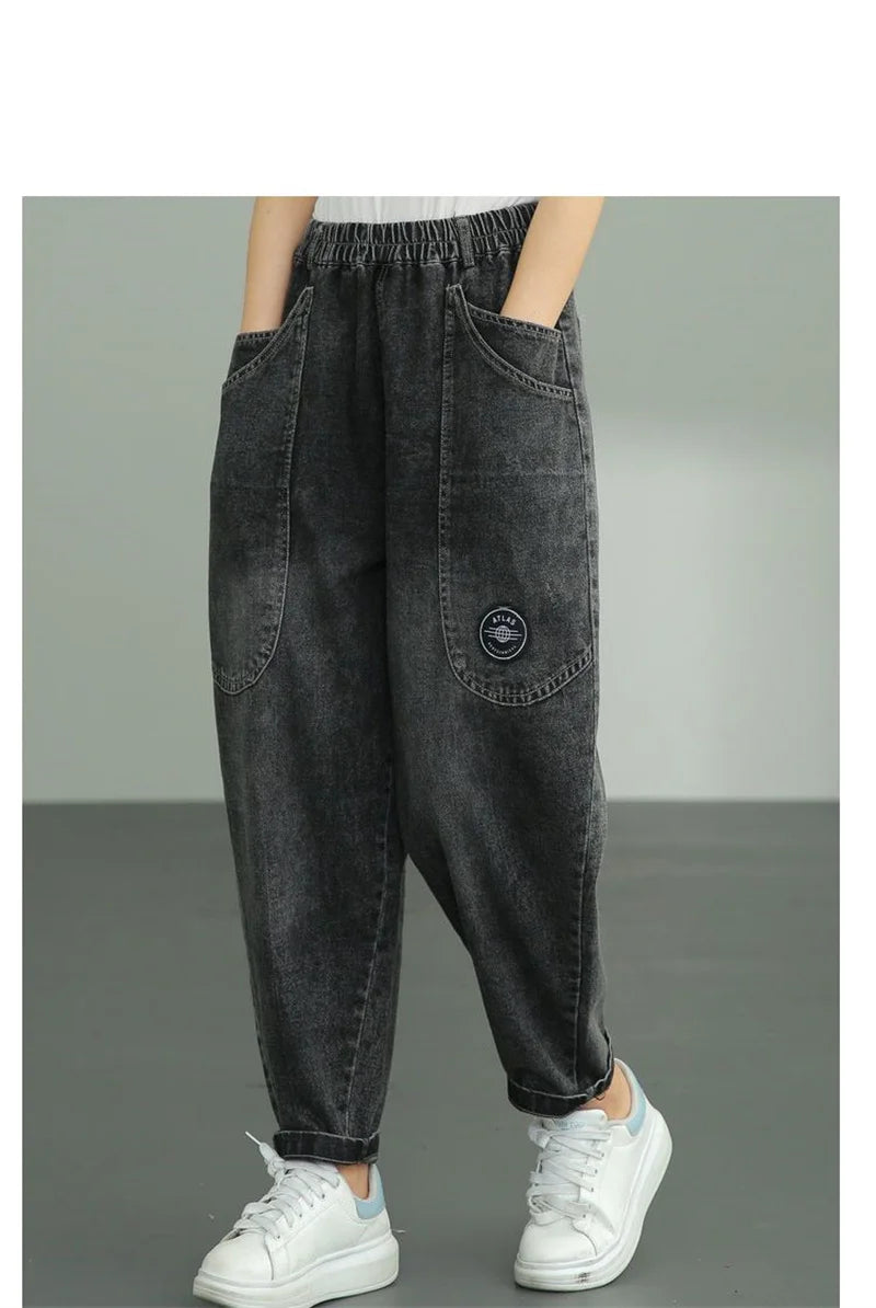 Women Loose Denim Tight Harem Pants 2024Summer Female Fashion Big Pocket BF Wind Elastic High Waist Ankle Jeans Female Trend B98