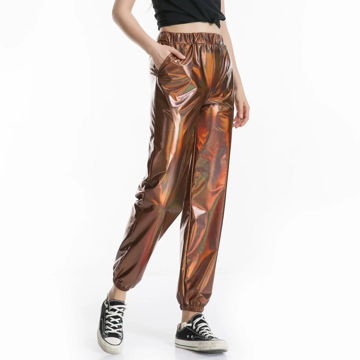 Shiny Glittery Street Hip-hop Party Sparkly Long Pants Loose Casual Sports Trousers Green Gold Silver Black Optional for Women