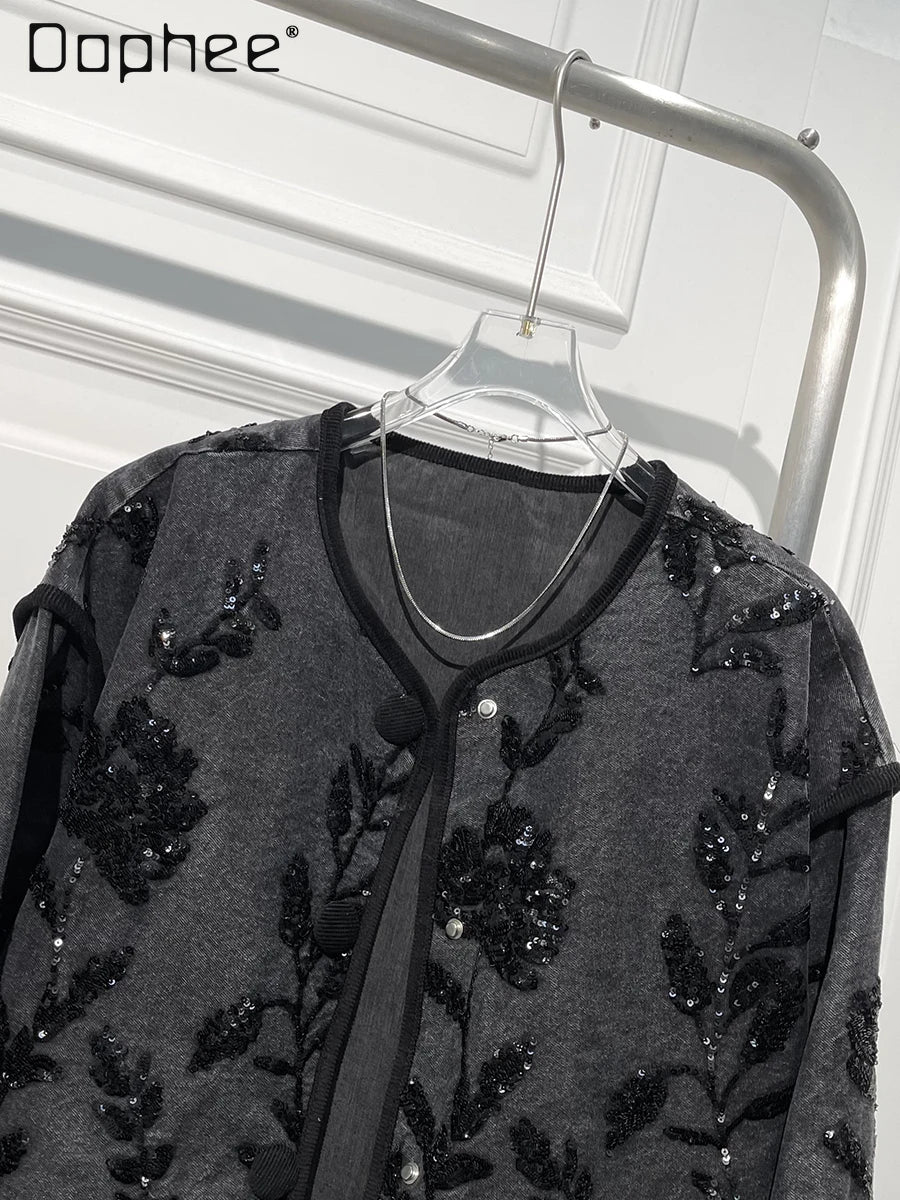 Fashion Versatile Heavy Industry Embroidered Flower Denim Jackets for Women Spring New Loose Casual Mid-length Sequined Jacket