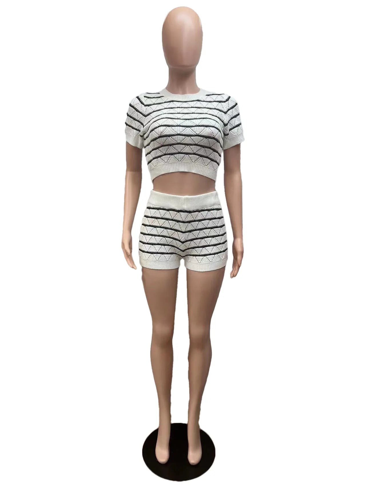 CM.YAYA Women's Set Short Sleeve Top and Shorts 2024 Summer Two 2 Piece Set Outfit Striped Knitted Ribbon Beach Tracksuit