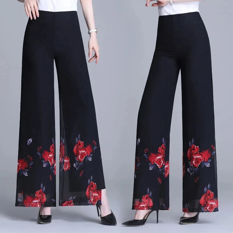 Double Layer Printed Chiffon Wide Leg Pants For Women's Summer New High Waisted Loose Dance Swing Pants Drooping Skirt Pants LA