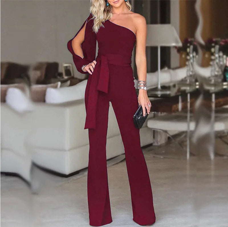 Solid Color Off-Shoulder Lace-Up Slim High Waist Jumpsuit for Women