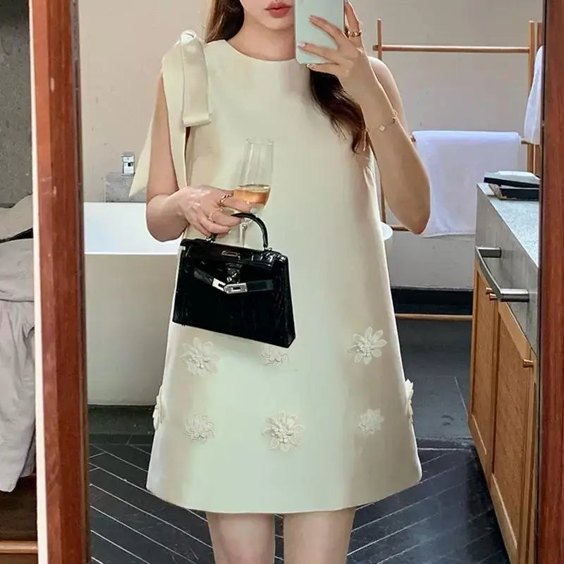 ZANZEA Women Elegant Sleeveless Mini Dress Korean Decor Flower Bow Tank Robe 2024 Autumn Round Neck Vestidos Holiday Party Dress