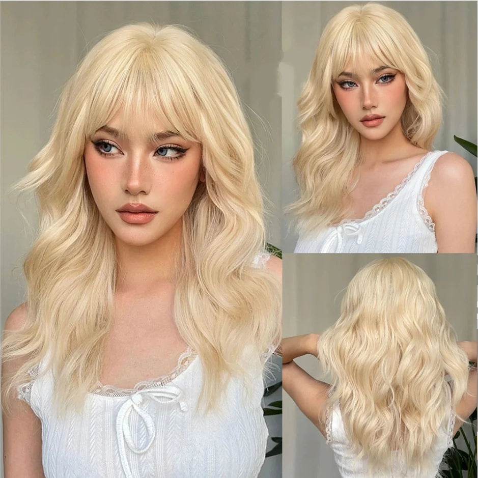 Medium Length Ombre Wavy Blonde Wig With Bangs for Women