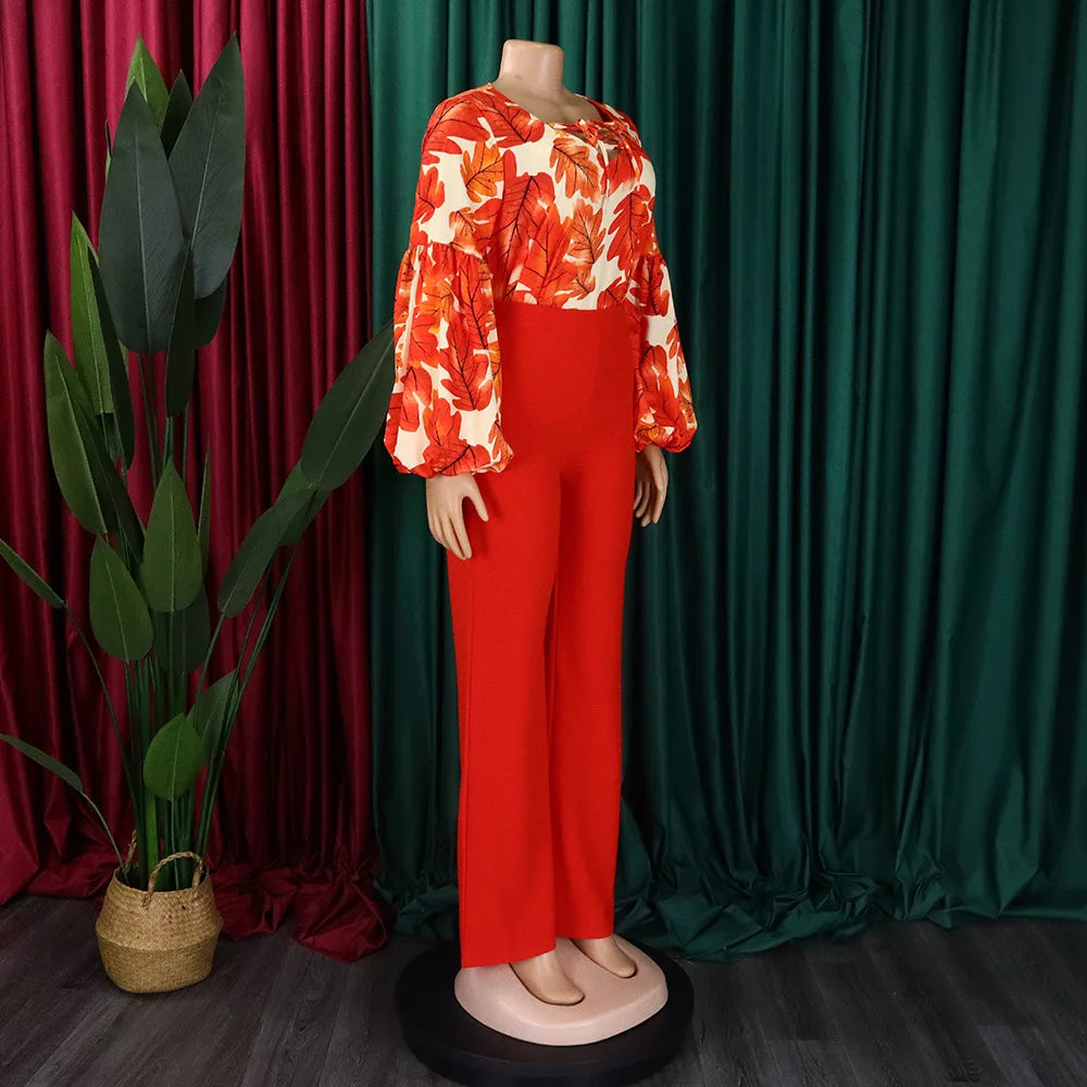 2 Pieces Sets Womens Outfits Two Pieces Outfits Printed Shirts Full Sleeve Long Trouser Fashion Elegant Ladies Matching Sets New