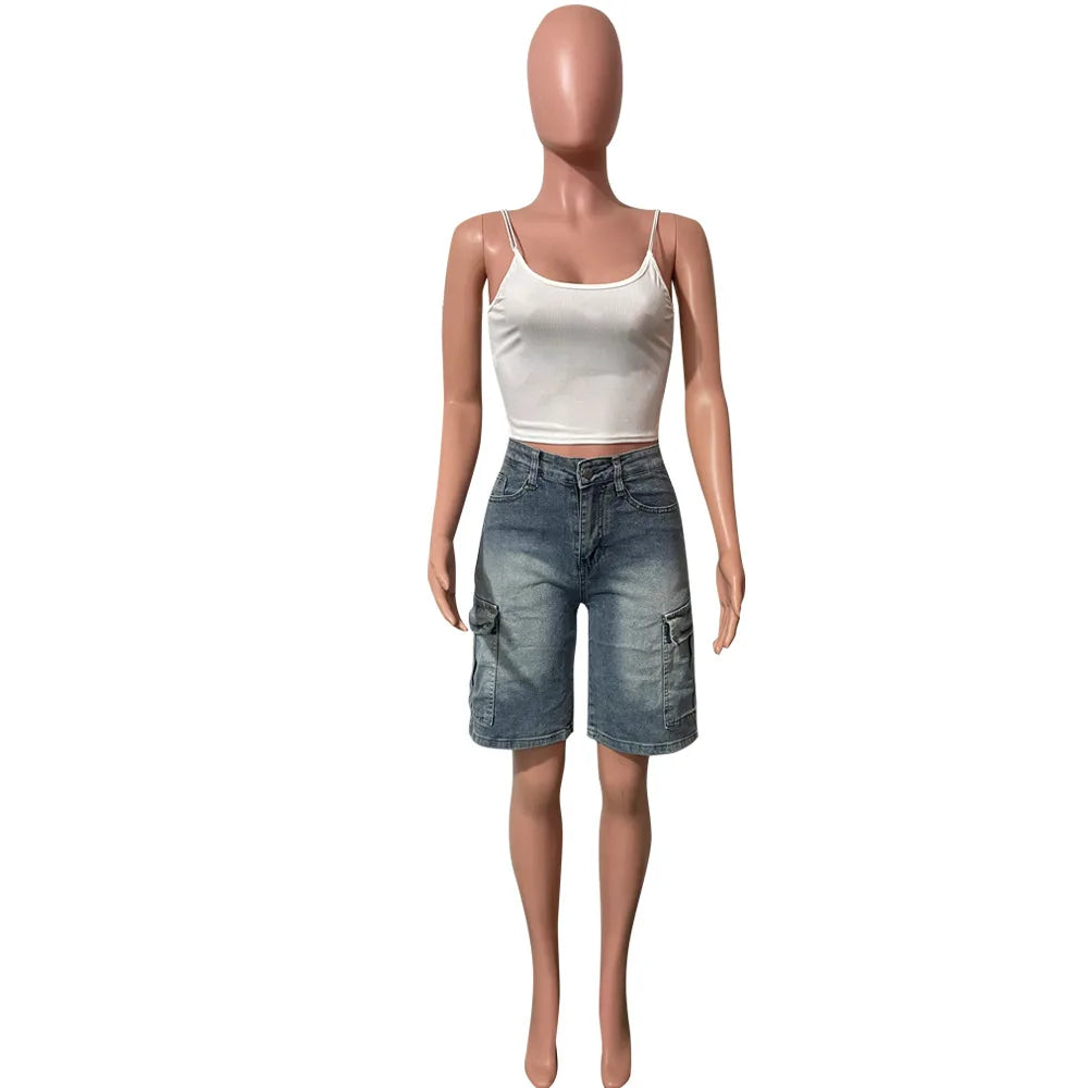 FAGADOER Y2K Sexy Bodycon Denim Pants Women Solid Color Cargo Pocket Patchwork Jeans Female Streetwear Bottoms 2025 Summer New