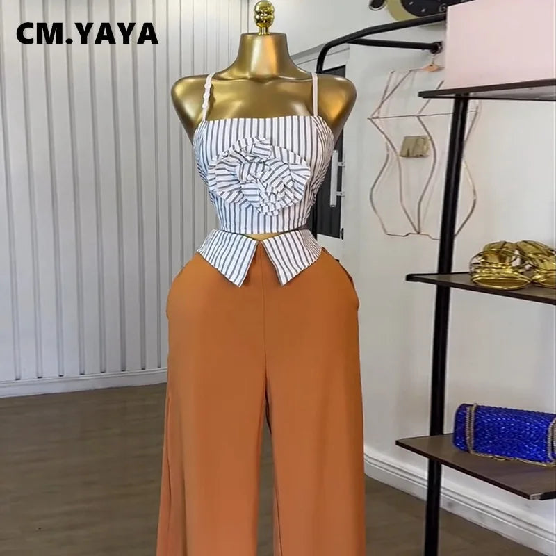 CM.YAYA Fashion Women's Set Striped Strap Floral Applique Crop Top and Wide Leg Pants Suit 2025 Two 2Piece Sets Outfit Tracksuit