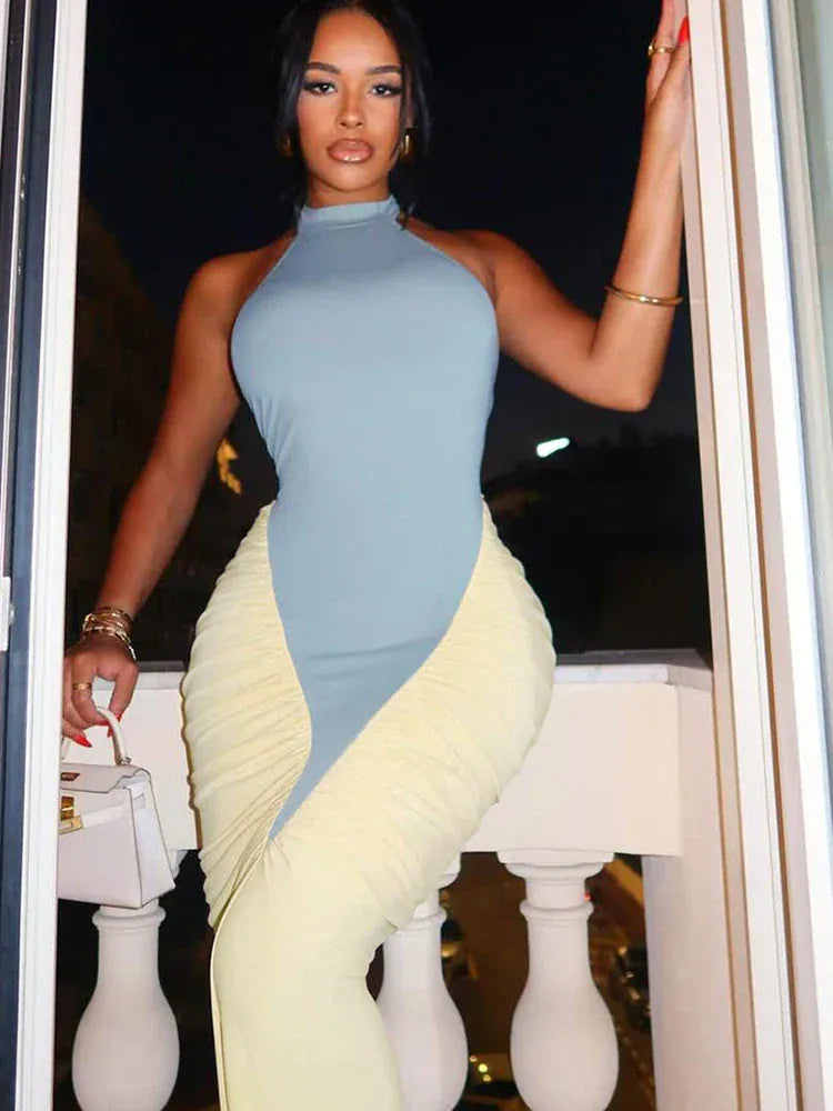 Weird Puss Ruched Maxi Dress Women Sexy Color Blocking Halter Backless Thin Slit Summer Trend Birthday Party Clubwear Vestidos