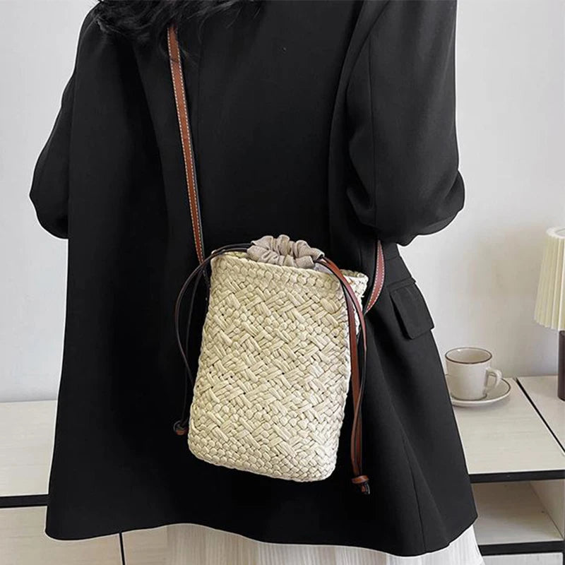 Brand Gradient Raffia Crossbody Bag Straw Drawstring Bohemian Summer Beach Travel Design Shoulder Bag Shop Basket Crossbody Bag