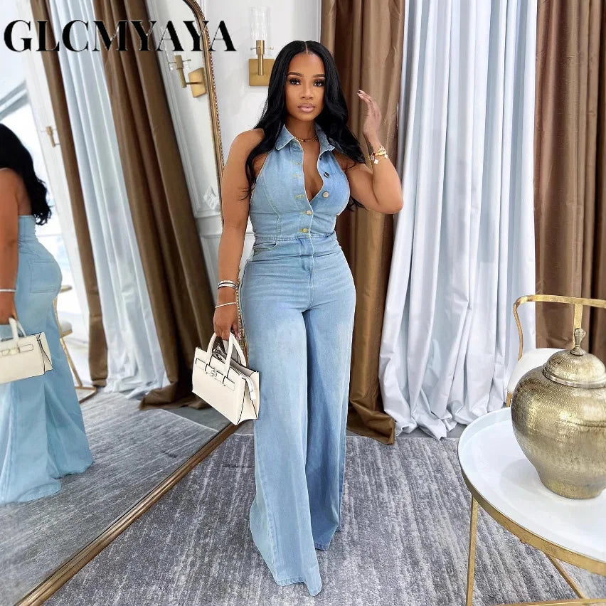 CM.YAYA Women Denim Sleeveless Single Breasted Wide Leg Jeans Jumpsuit Halter Neck Backless 2025 Summer One Piece Suit Playsuits