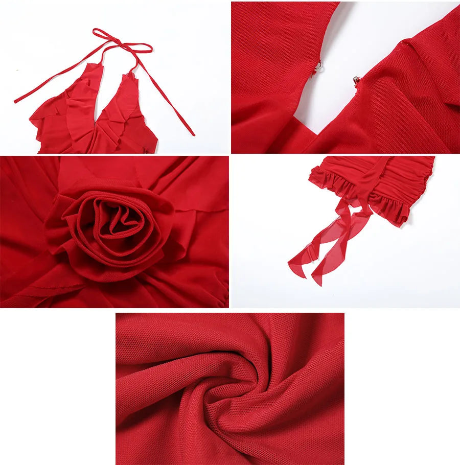 Sylcue Spring New Sweet Gentle Red Sexy Confident High Street Mature Beautiful Cool Women'S Short Ruffled Halter Dress