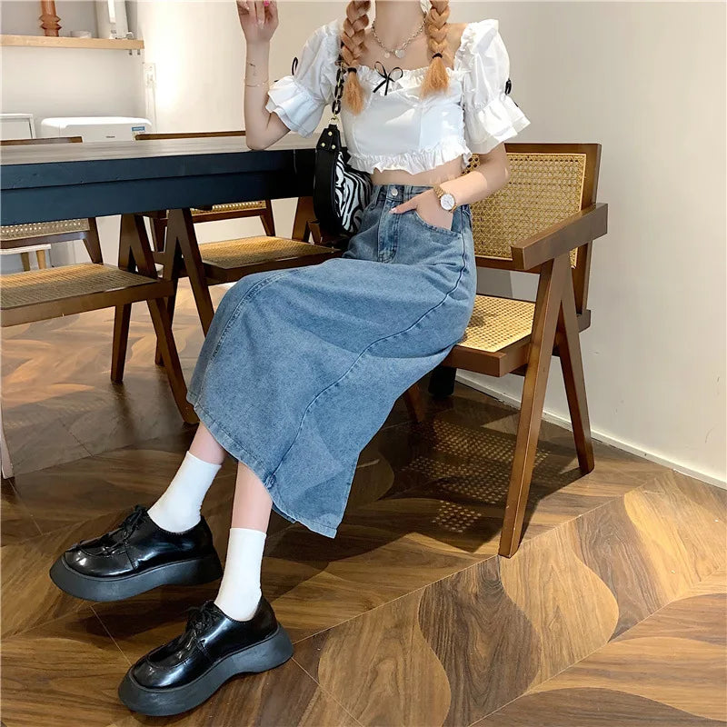 New 2022 Spring-Autumn Medium-Length Denim Skirt For Women High-Waisted Slimming Plus Size Curvy Girls A- Line Hip Covering Skir