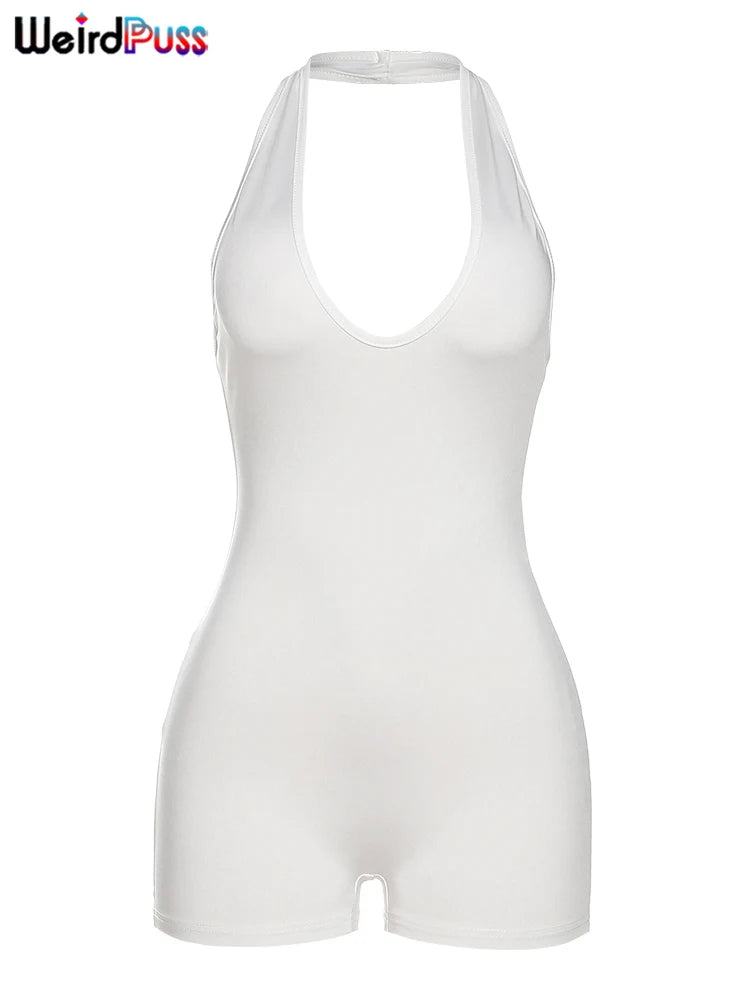 Weird Puss Halter Playsuits Women Fitness Sporty Backless Skinny Sleeveless V-Neck Casual Summer Solid Basic Streetwear Romper