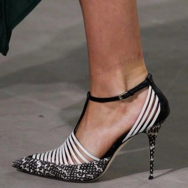 White Hollow Out T-strap Sandal Snakeskin Back Strap Pointed Shoes for Women Thin High Heels Sexy Shoes 2025 Zapatos Para Mujere