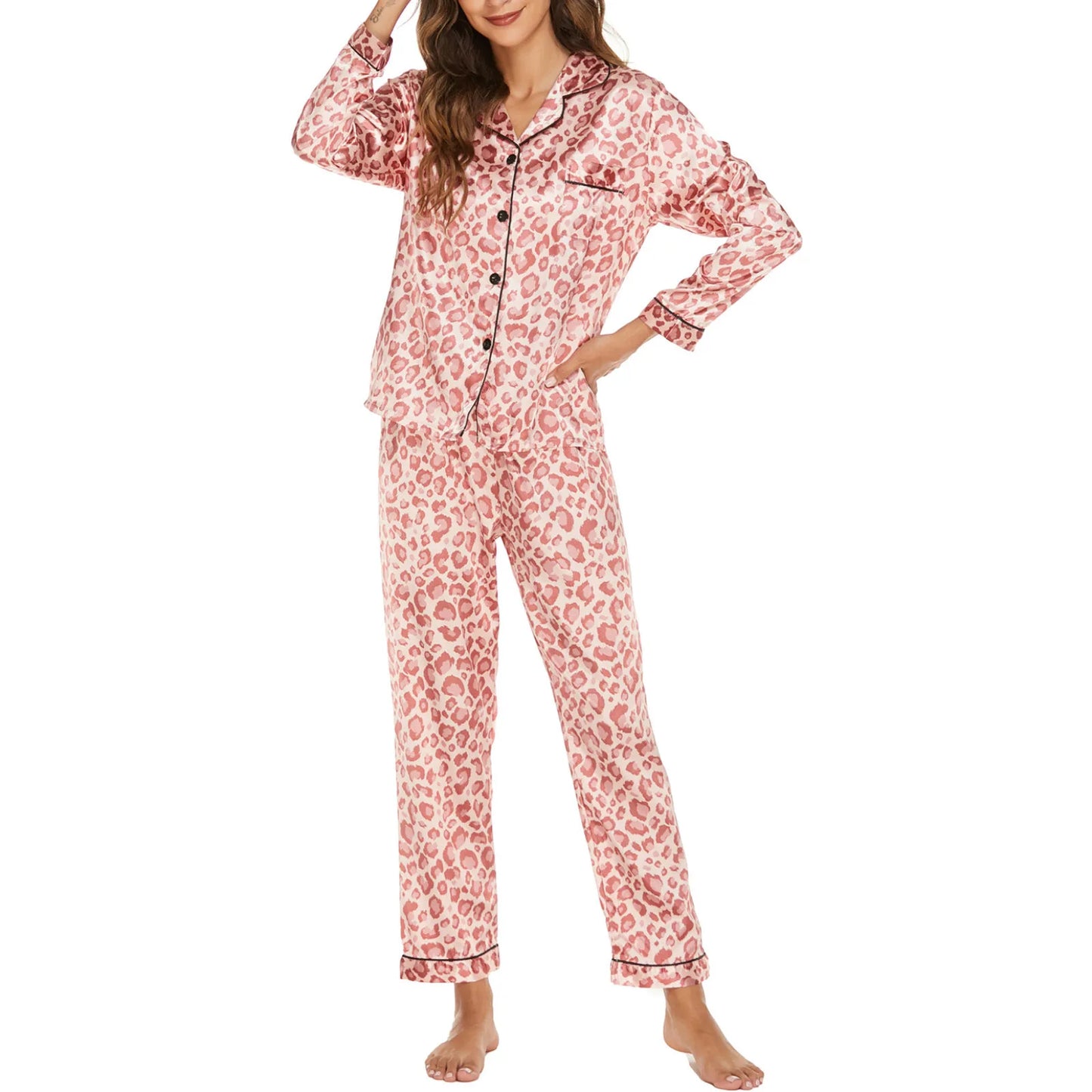 Women 2 Pieces Satin Pajamas Set Spring Autumn Long Sleeve Button Up Shirt and Casual Loose Elastic Pants Sleepwear Loungewear