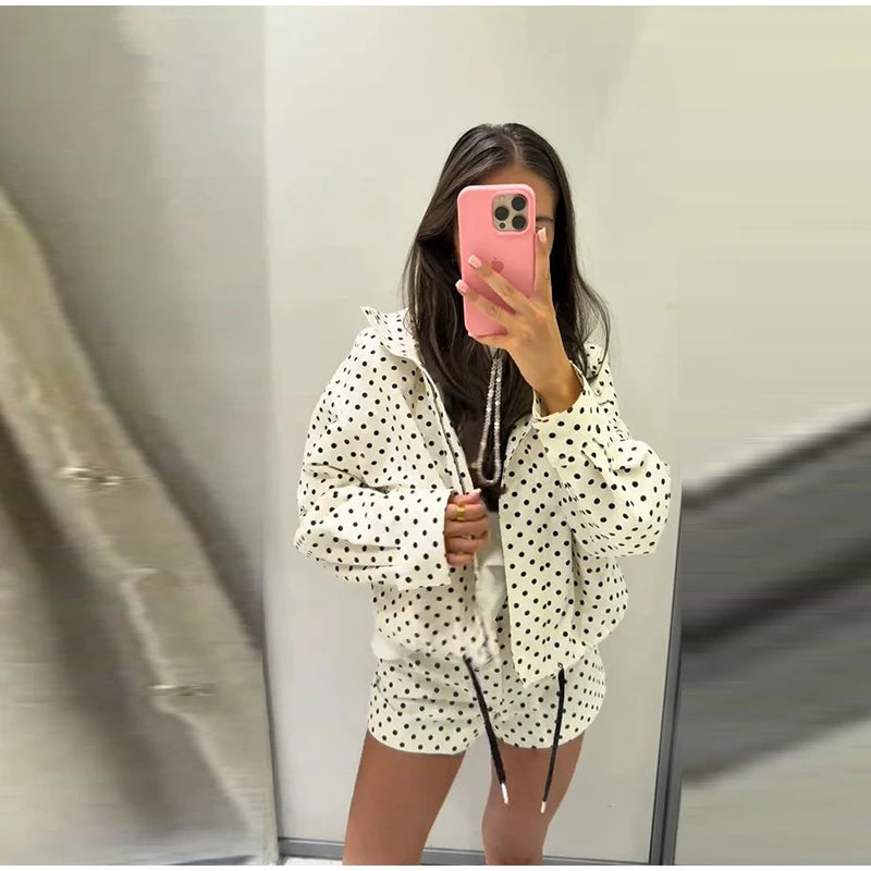Loose Polka Dot Zipper Women's Shorts Set Stand Collar Patchwork Full Sleeve Pockets Jacket Tie Up Short Pant Suit Summer Outfit